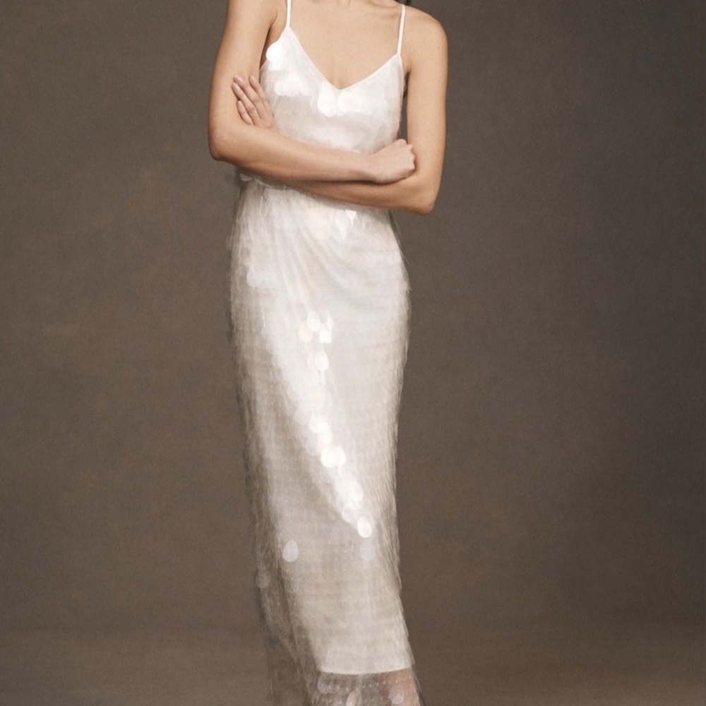 Anthropologie White Sequin Midi Slip Dress